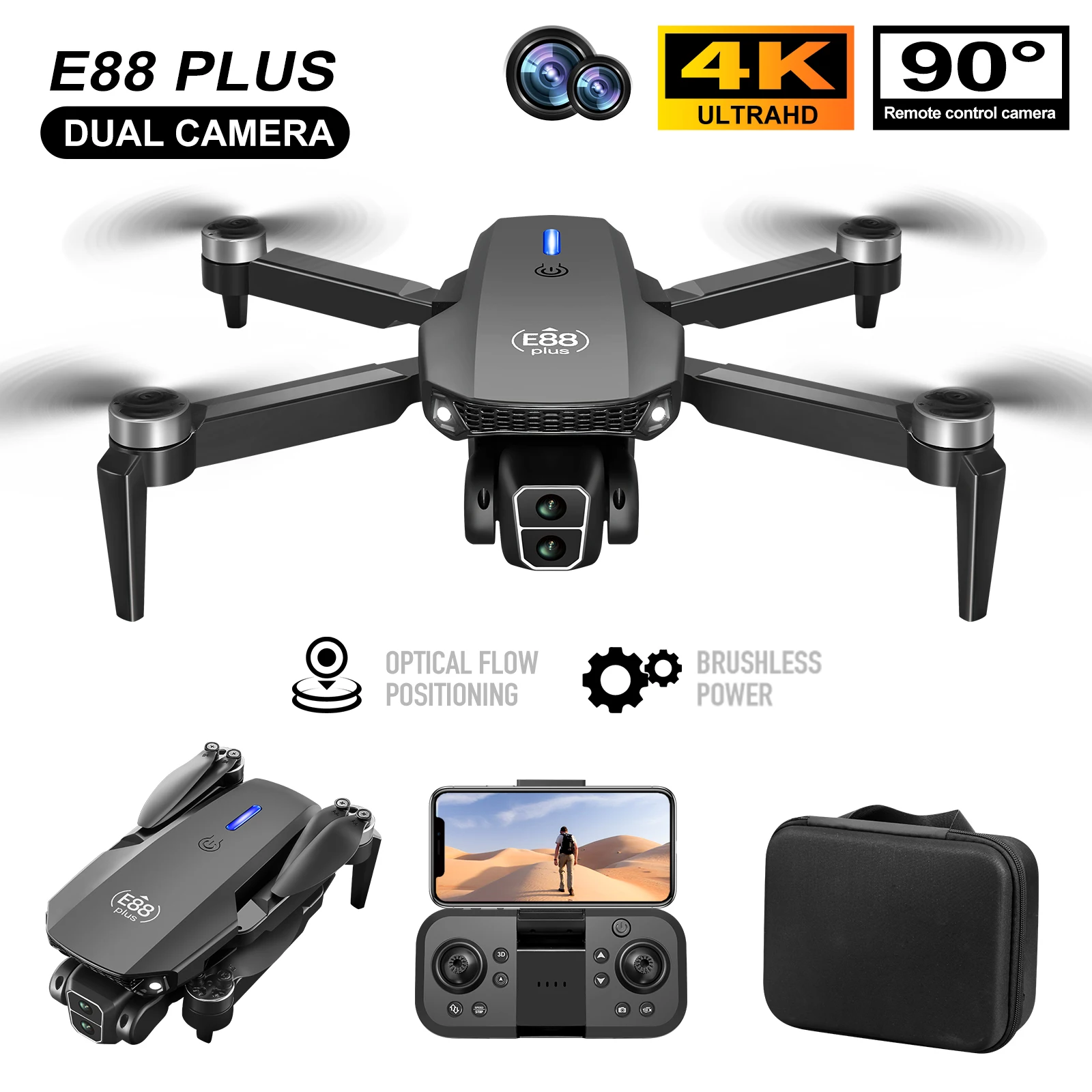 Drone Camera Night Vision - 新型E88 Plusクアッドコプタードローン：90 ° 電動調整カメラ、ブラシレスモーター、オプティカルフローポジショニングおもちゃ